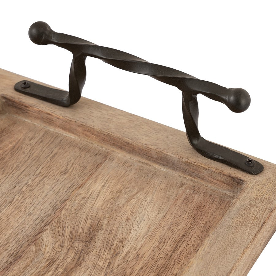 Atlas Lighting Ellwood Tray Set of 2 | Natural Mango Wood with Black Iron Handles | Living Room & Kitchen Serving Trays | 18.75in | Model AC11292-01S