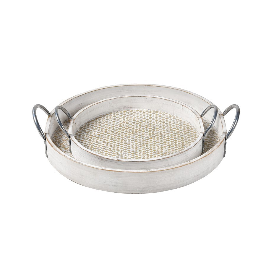 Atlas Lighting Fabian Tray Set of 2 | Weathered White Wood Nesting Trays with Handles | Living Room & Kitchen Serving Trays | Model AC11296-01S