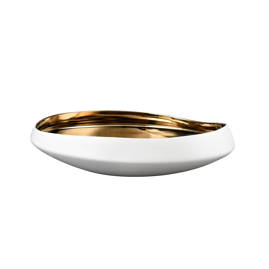 Atlas Lighting Greer 17in Low Decorative Bowl | Matte White & Gold Earthenware | Coffee Table & Entryway Centerpiece | Model AC11349-01