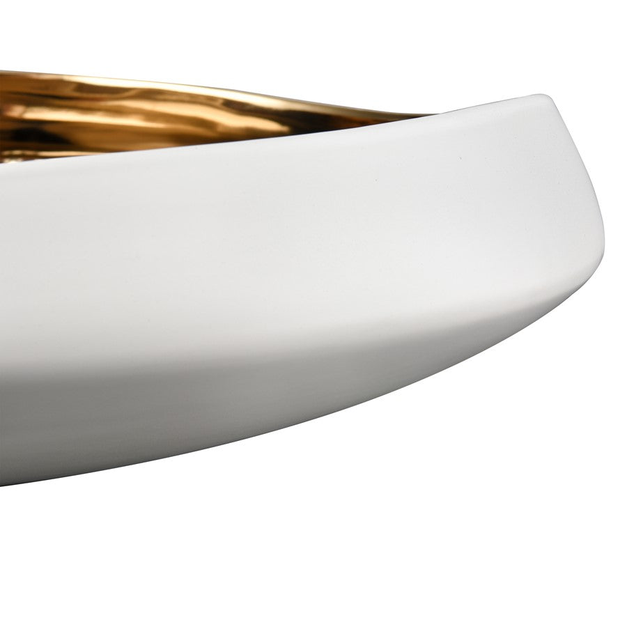 Atlas Lighting Greer 17in Low Decorative Bowl | Matte White & Gold Earthenware | Coffee Table & Entryway Centerpiece | Model AC11349-01