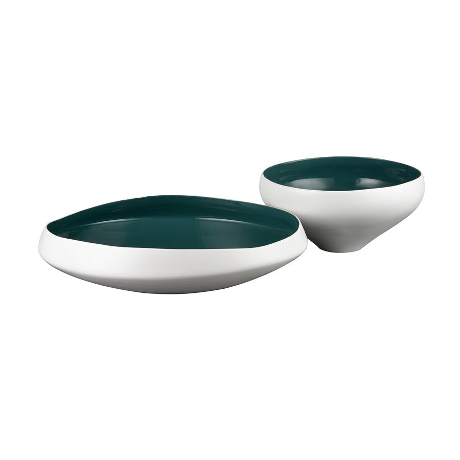Atlas Lighting Greer 17in Low Decorative Bowl | Matte White & Turquoise Earthenware | Coffee Table & Entryway Centerpiece | Model AC11349-03