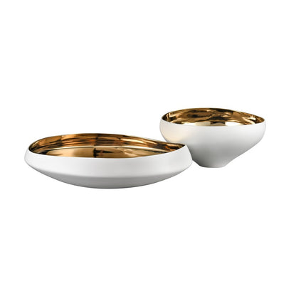 Atlas Lighting Greer 12in Tall Decorative Bowl | Matte White & Gold Earthenware | Coffee Table & Entryway Centerpiece | Model AC11350-01