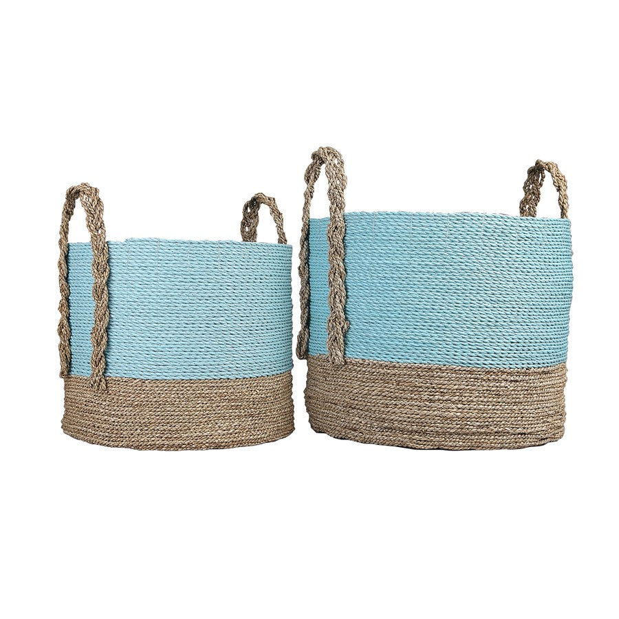 Atlas Lighting Grove Basket Set of 2 | Natural Seagrass & Raffia with Light Blue Accent | Living Room & Bedroom Storage | Model AC11354-01S