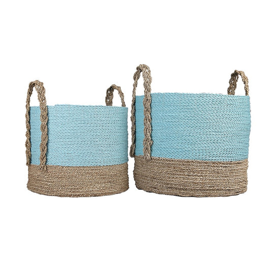 Atlas Lighting Grove Basket Set of 2 | Natural Seagrass & Raffia with Light Blue Accent | Living Room & Bedroom Storage | Model AC11354-01S
