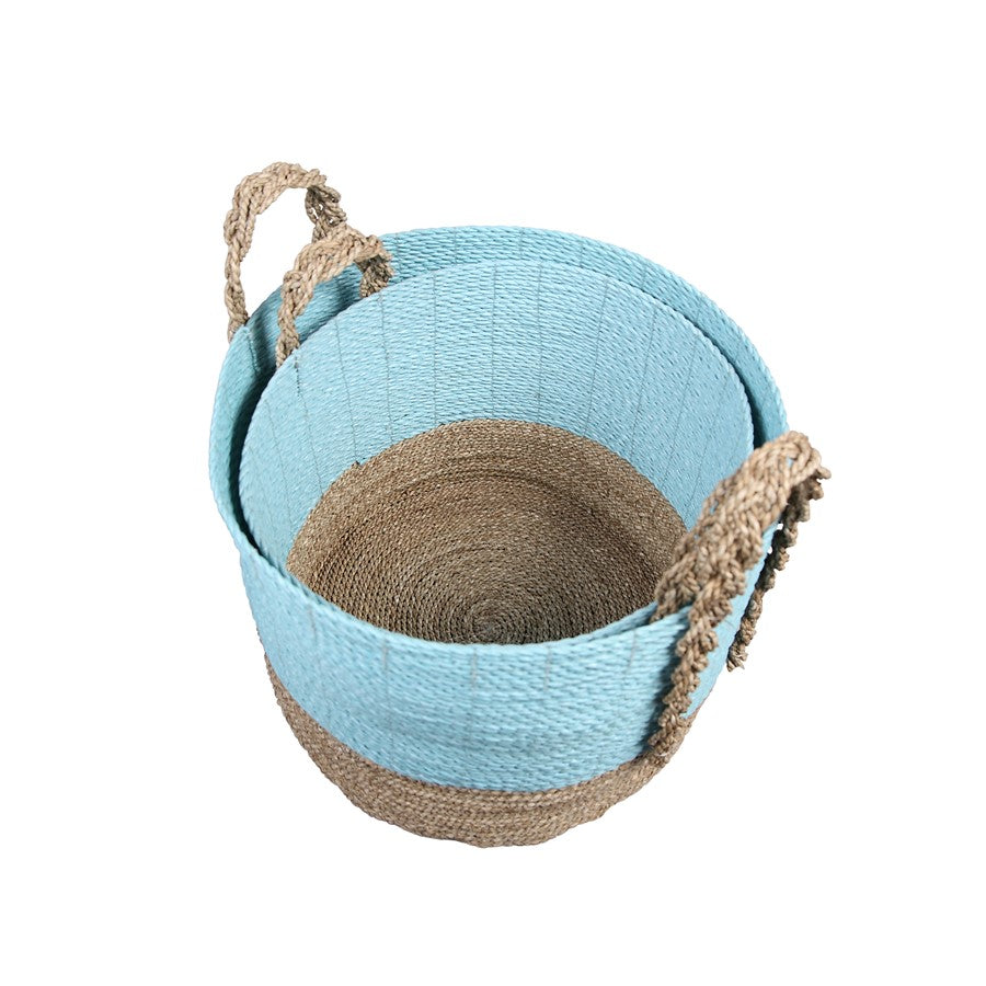 Atlas Lighting Grove Basket Set of 2 | Natural Seagrass & Raffia with Light Blue Accent | Living Room & Bedroom Storage | Model AC11354-01S