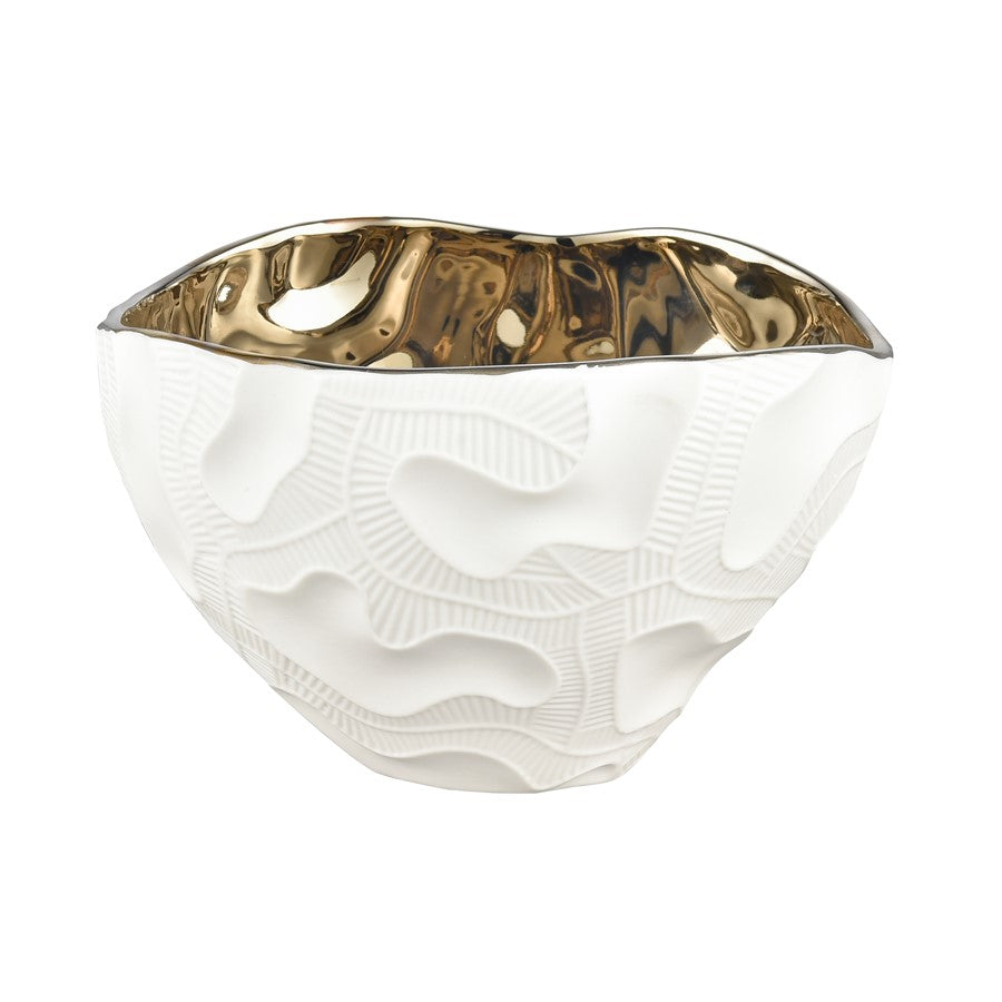 Atlas Lighting Halford Bowl | Matte White Earthenware with Gold Glazed Interior | Coffee Table & Kitchen Decor | 8 x 7.25 x 5.25 in | Model AC11358-01
