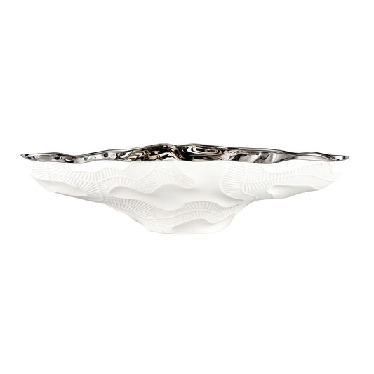 Atlas Lighting Halford Bowl Large | Matte White Earthenware with Silver Glazed Interior | Coffee Table & Centerpiece Decor | Model AC11359-01
