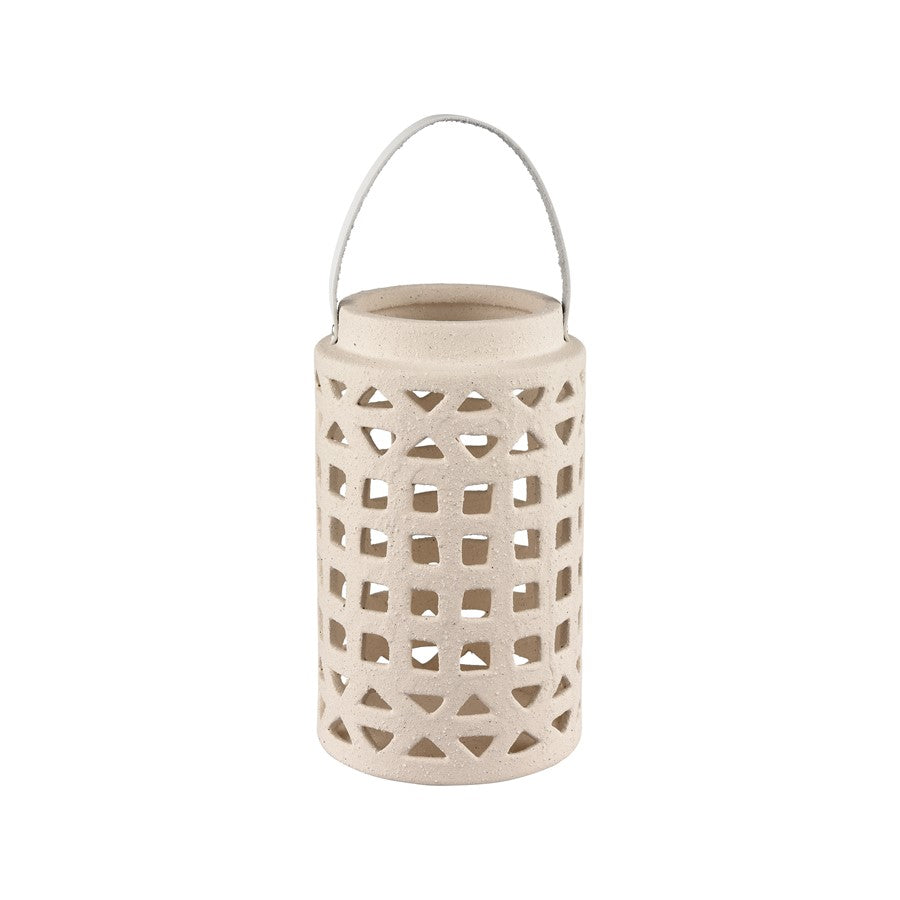Atlas Lighting Haney Small 10in Lantern | Cream Earthenware with Leather Handle | Coastal Entryway & Patio Decor | 6 x 6 x 10 in | Model AC11362-01