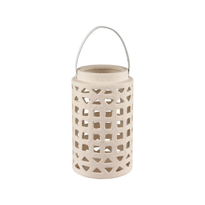 Atlas Lighting Haney Small 10in Lantern | Cream Earthenware with Leather Handle | Coastal Entryway & Patio Decor | 6 x 6 x 10 in | Model AC11362-01