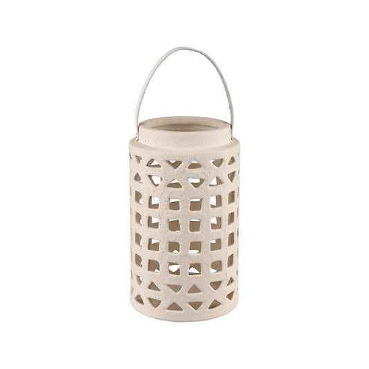 Atlas Lighting Haney Small 10in Lantern | Cream Earthenware with Leather Handle | Coastal Entryway & Patio Decor | 6 x 6 x 10 in | Model AC11362-01