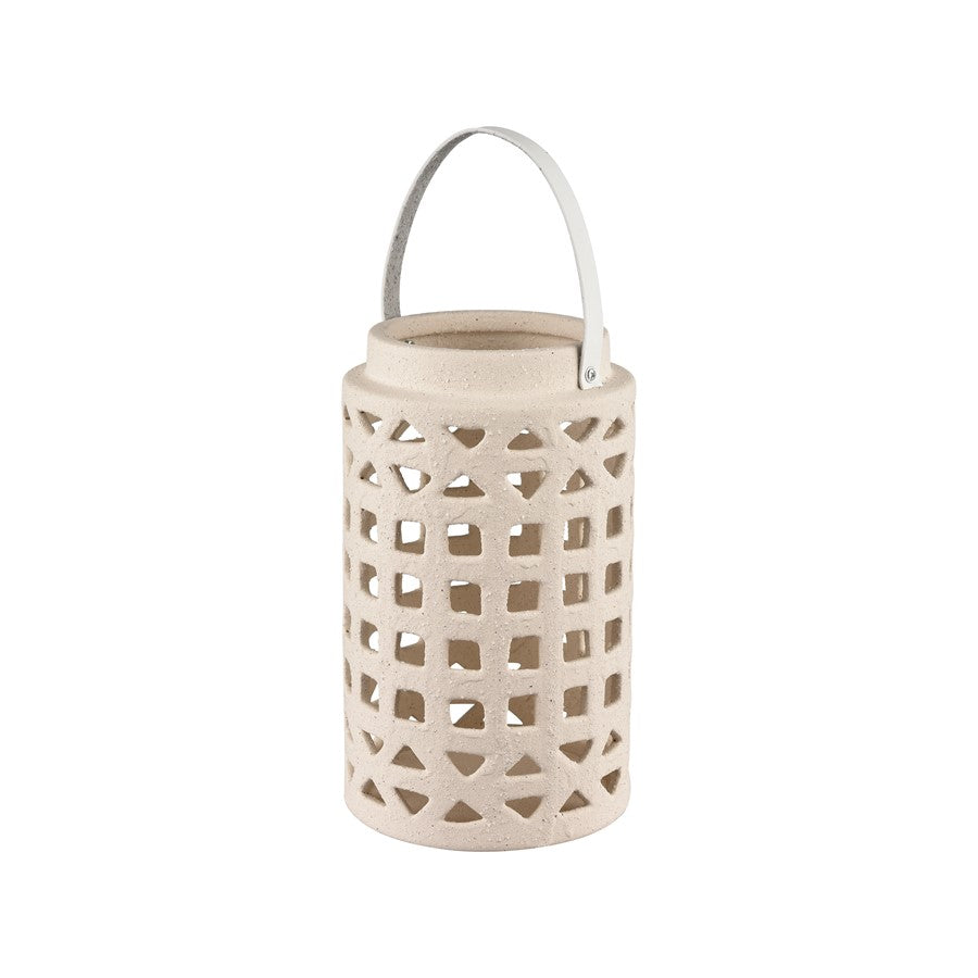 Atlas Lighting Haney Small 10in Lantern | Cream Earthenware with Leather Handle | Coastal Entryway & Patio Decor | 6 x 6 x 10 in | Model AC11362-01