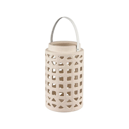 Atlas Lighting Haney Small 10in Lantern | Cream Earthenware with Leather Handle | Coastal Entryway & Patio Decor | 6 x 6 x 10 in | Model AC11362-01