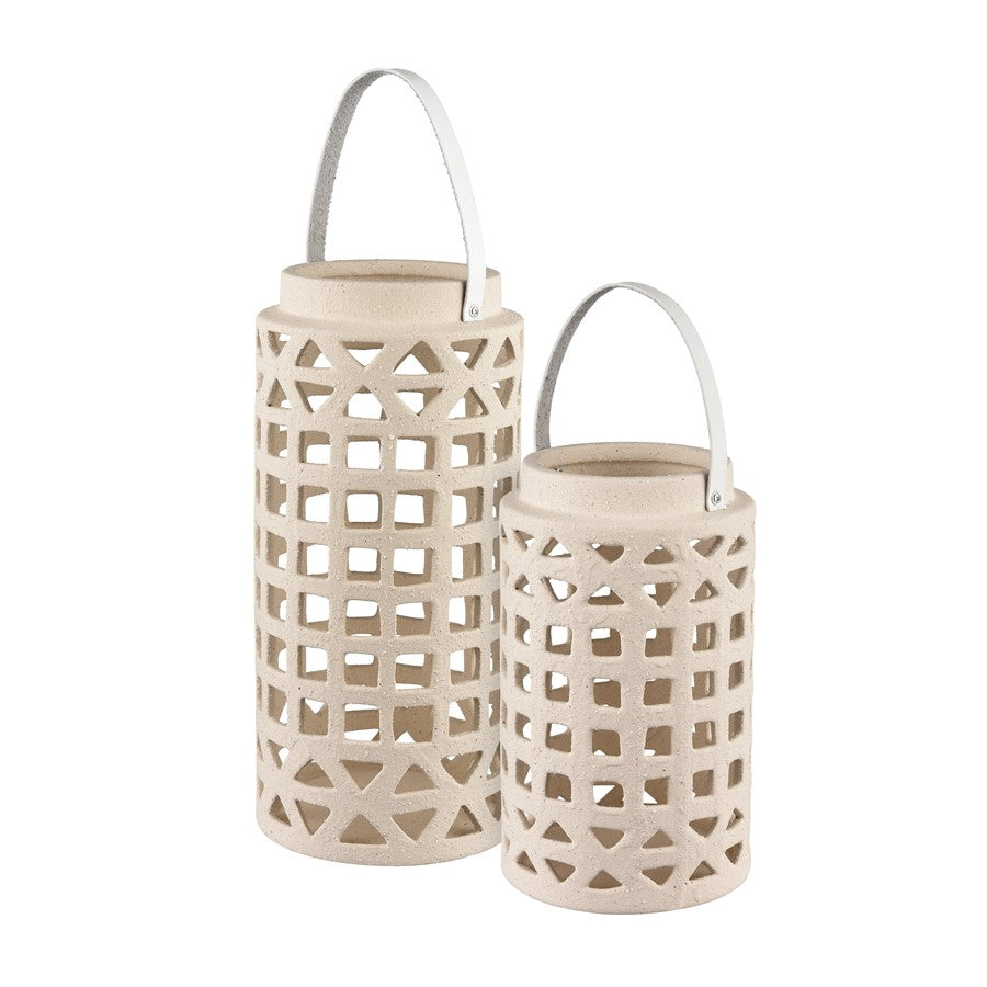Atlas Lighting Haney Small 10in Lantern | Cream Earthenware with Leather Handle | Coastal Entryway & Patio Decor | 6 x 6 x 10 in | Model AC11362-01