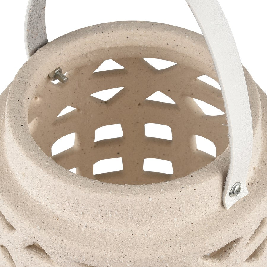 Atlas Lighting Haney Small 10in Lantern | Cream Earthenware with Leather Handle | Coastal Entryway & Patio Decor | 6 x 6 x 10 in | Model AC11362-01