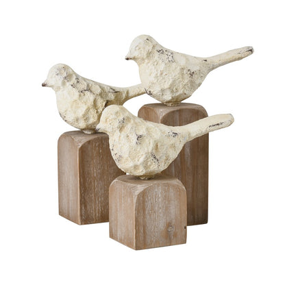 Atlas Lighting Higgins Set of 3 Wood & Metal Bird Objects | Aged Cream & Natural Fir | Bookshelf & Mantel Decor | Model AC11382-01S