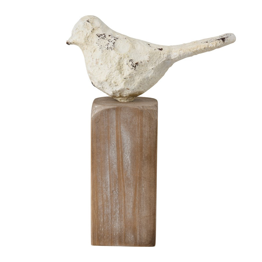 Atlas Lighting Higgins Set of 3 Wood & Metal Bird Objects | Aged Cream & Natural Fir | Bookshelf & Mantel Decor | Model AC11382-01S