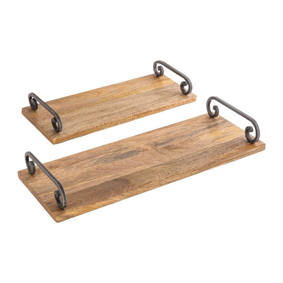 Atlas Lighting Highland Set of 2 Natural Wood Serving Trays | Black Metal Handles | Coffee Table & Kitchen Counter Organizer | Model AC11383-01S