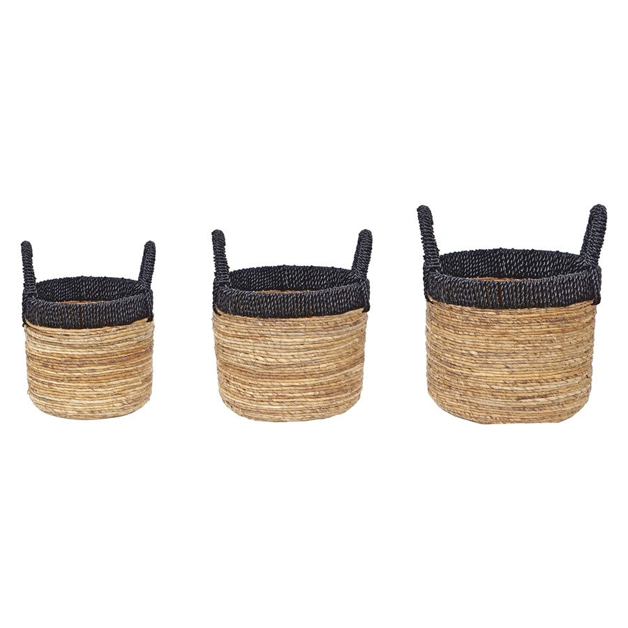 Atlas Lighting Holset Basket Set of 3 | Natural Banana Leaf & Seagrass with Black Handles | Farmhouse & Coastal Storage | 15in W | Model AC11391-01S