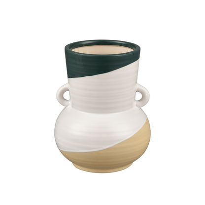 Atlas Lighting Joffe Small Vase | White Earthenware with Green Bands | Living Room & Entryway Decor | 6.75 x 6.75 x 8 in | Model AC11404-01