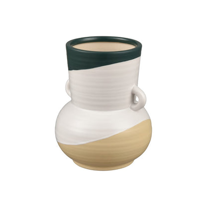 Atlas Lighting Joffe Small Vase | White Earthenware with Green Bands | Living Room & Entryway Decor | 6.75 x 6.75 x 8 in | Model AC11404-01