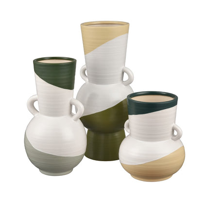 Atlas Lighting Joffe Small Vase | White Earthenware with Green Bands | Living Room & Entryway Decor | 6.75 x 6.75 x 8 in | Model AC11404-01