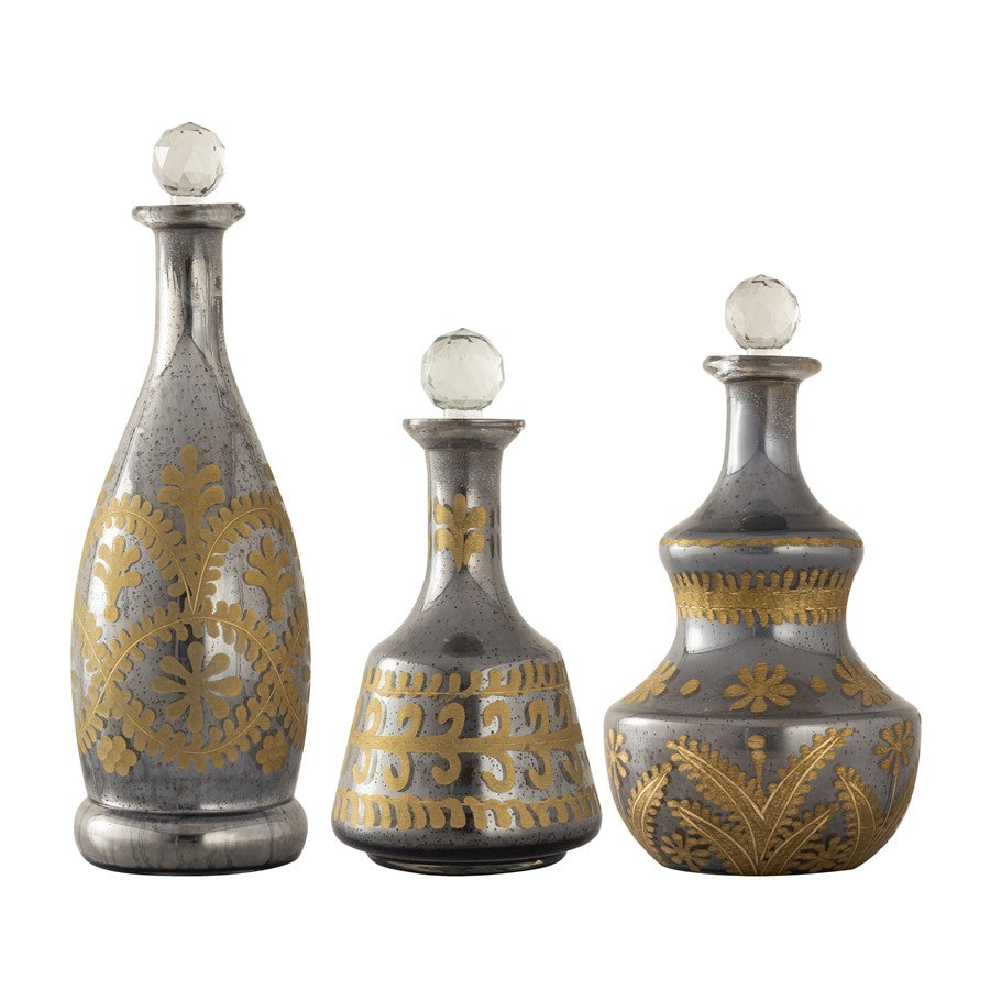 Atlas Lighting Kemal Bottle Set of 3 | Antique Silver & Gold Glass | Shelf & Bar Decor | 4.5 x 4.5 x 14.5 in | Model AC11411-01S