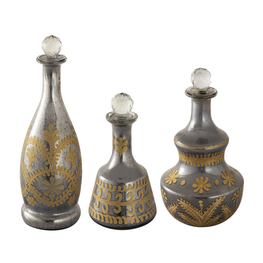 Atlas Lighting Kemal Bottle Set of 3 | Antique Silver & Gold Glass | Shelf & Bar Decor | 4.5 x 4.5 x 14.5 in | Model AC11411-01S