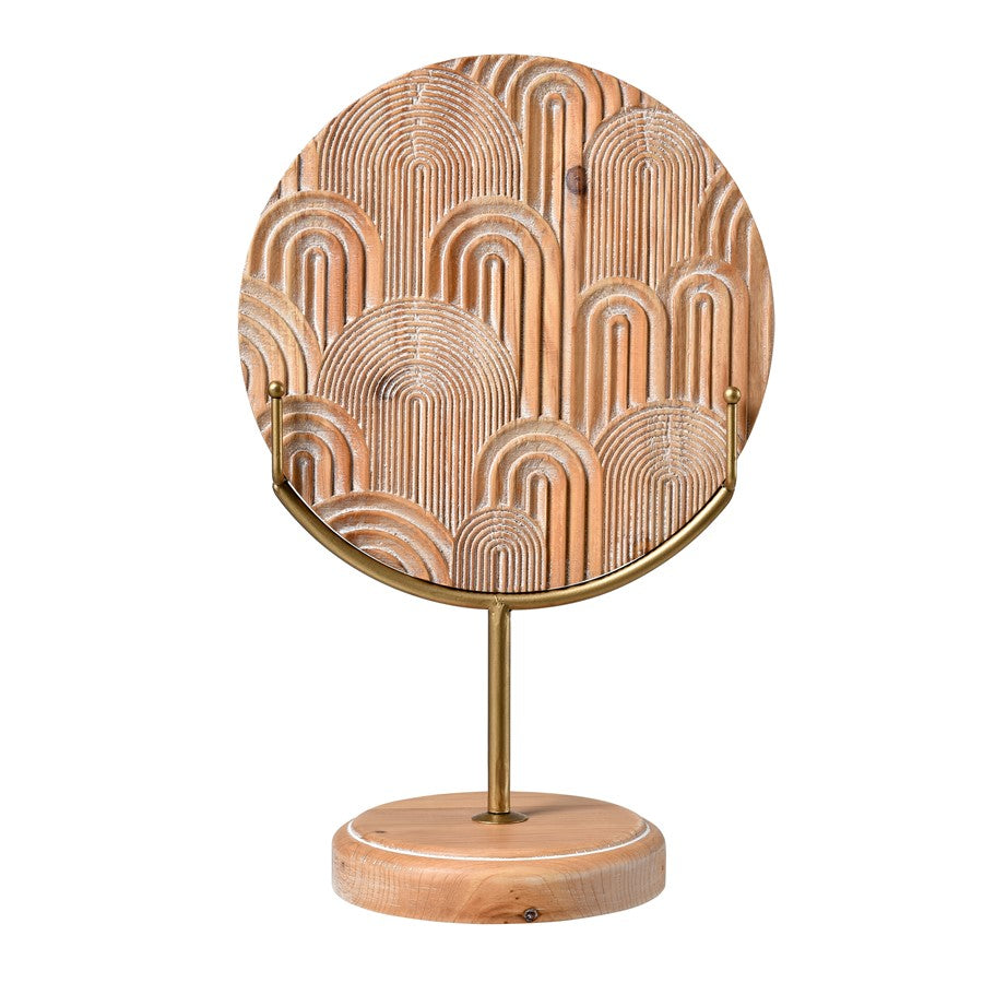 Atlas Lighting Lambert Carved Large Object | Natural Wood Disc on Gold Metal Stand | Living Room & Study Sculpture | Model AC11422-01