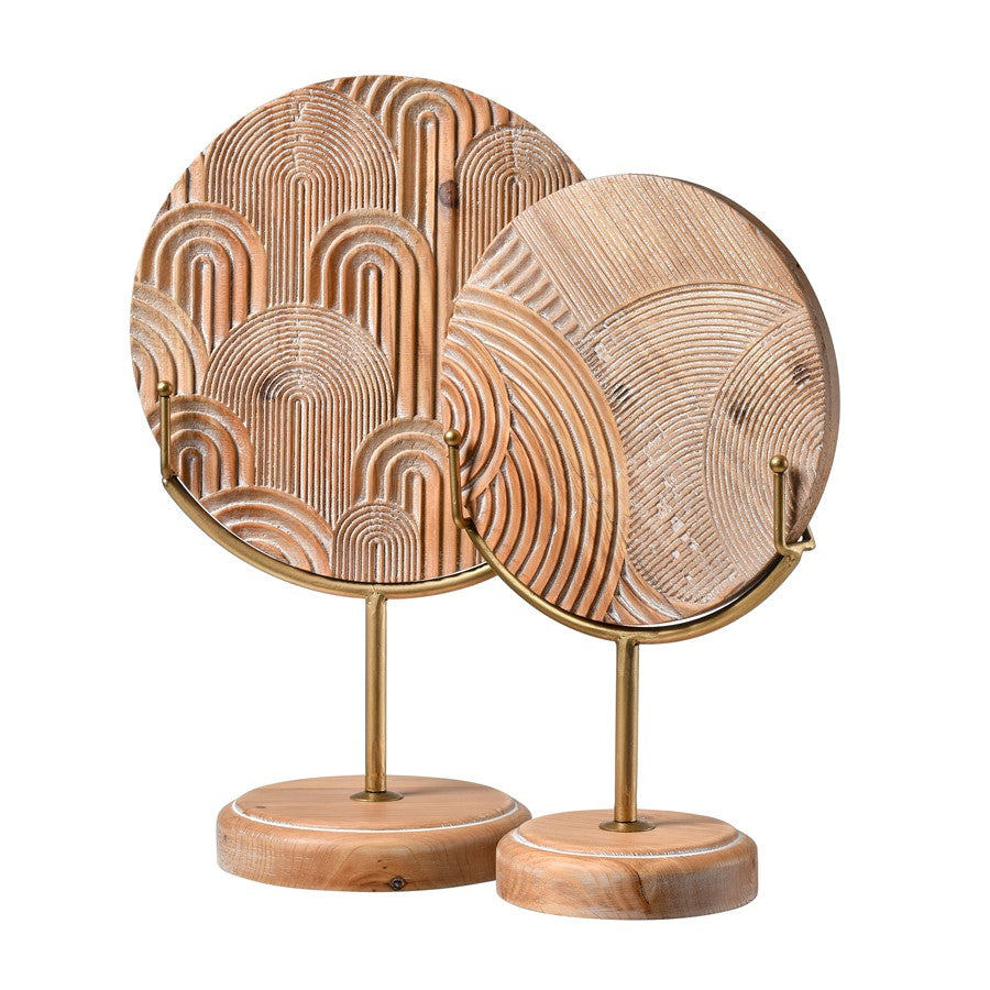 Atlas Lighting Lambert Carved Large Object | Natural Wood Disc on Gold Metal Stand | Living Room & Study Sculpture | Model AC11422-01
