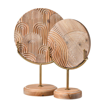 Atlas Lighting Lambert Carved Small Object | Natural Wood Disc on Gold Metal Stand | Living Room & Study Sculpture | Model AC11423-01