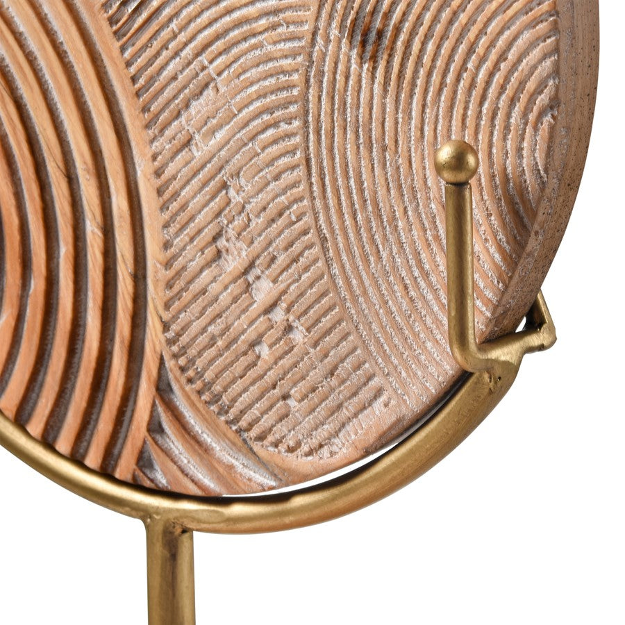 Atlas Lighting Lambert Carved Small Object | Natural Wood Disc on Gold Metal Stand | Living Room & Study Sculpture | Model AC11423-01