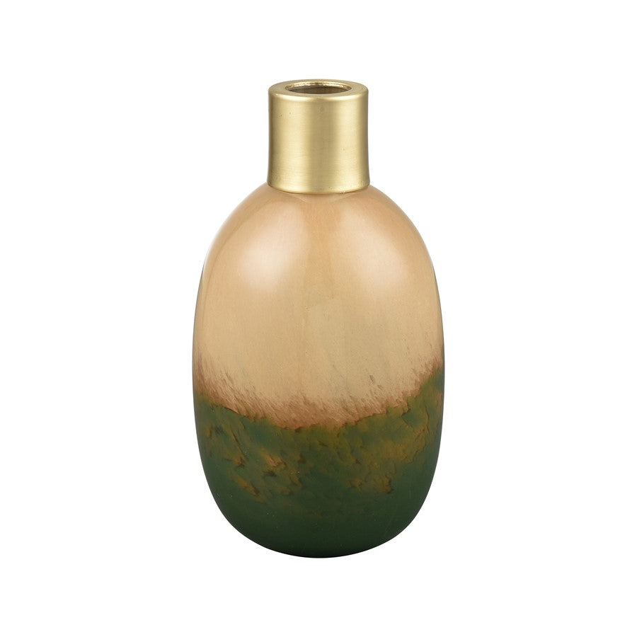Atlas Lighting Leona Medium Vase | Caramel Tan Glass with Brushed Brass Cuff | Shelf & Table Decor | 3.75 x 3.75 x 7 in | Model AC11430-02