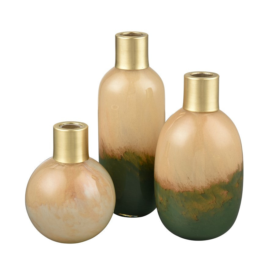 Atlas Lighting Leona Medium Vase | Caramel Tan Glass with Brushed Brass Cuff | Shelf & Table Decor | 3.75 x 3.75 x 7 in | Model AC11430-02