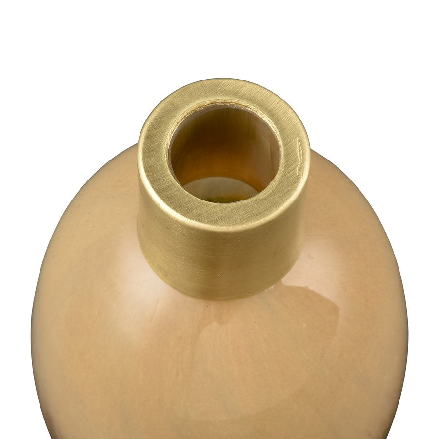 Atlas Lighting Leona Medium Vase | Caramel Tan Glass with Brushed Brass Cuff | Shelf & Table Decor | 3.75 x 3.75 x 7 in | Model AC11430-02