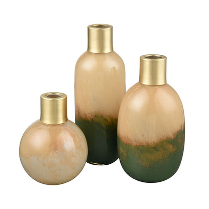 Atlas Lighting Leona Small Vase | Caramel Tan Glass with Brushed Brass Cuff | Shelf & Desk Accent | 3.75 x 3.75 x 5 in | Model AC11431-01