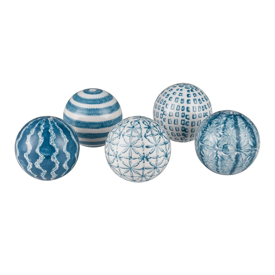 Atlas Lighting Lilith 4in Blue and White Ceramic Orb Set of 5 | Modern Contemporary Earthenware | Decorative Bowl & Centerpiece | Model AC11437-01S