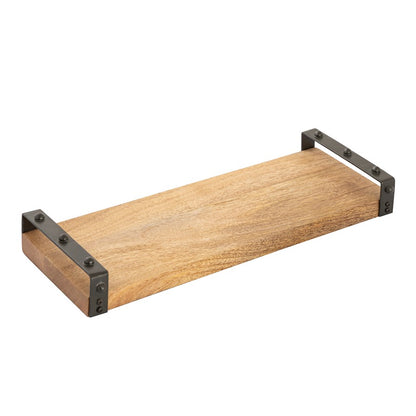 Atlas Lighting Linwood 17in Natural Mango Wood Serving Tray | Transitional with Black Iron Handles | Kitchen & Coffee Table | Model AC11440-01