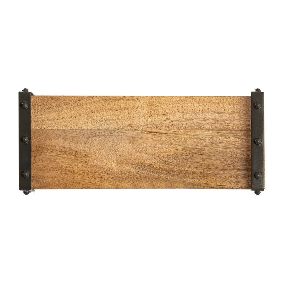 Atlas Lighting Linwood 17in Natural Mango Wood Serving Tray | Transitional with Black Iron Handles | Kitchen & Coffee Table | Model AC11440-01