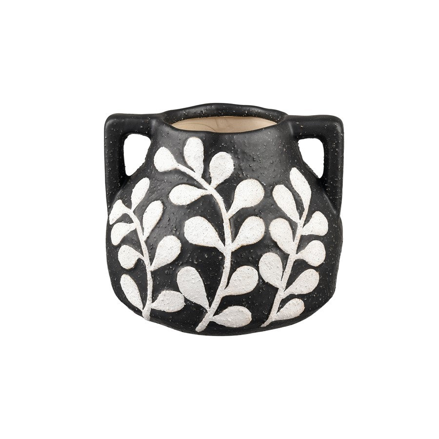 Atlas Lighting Maria Small Vase | Transitional Matte Black Earthenware with White Leaf Pattern | Living Room & Entryway Decor | Model AC11462-01