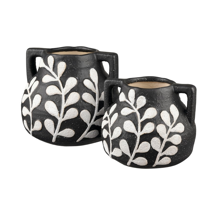 Atlas Lighting Maria Small Vase | Transitional Matte Black Earthenware with White Leaf Pattern | Living Room & Entryway Decor | Model AC11462-01