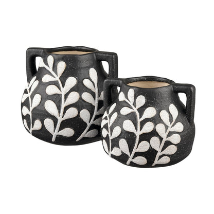 Atlas Lighting Maria Small Vase | Transitional Matte Black Earthenware with White Leaf Pattern | Living Room & Entryway Decor | Model AC11462-01