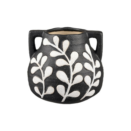 Atlas Lighting Maria Large Vase | Transitional Matte Black Earthenware with White Leaf Pattern | Living Room & Entryway Decor | Model AC11462-02