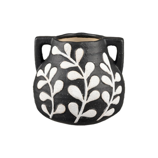 Atlas Lighting Maria Large Vase | Transitional Matte Black Earthenware with White Leaf Pattern | Living Room & Entryway Decor | Model AC11462-02