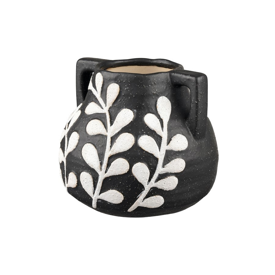 Atlas Lighting Maria Large Vase | Transitional Matte Black Earthenware with White Leaf Pattern | Living Room & Entryway Decor | Model AC11462-02