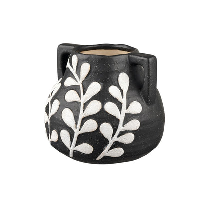 Atlas Lighting Maria Large Vase | Transitional Matte Black Earthenware with White Leaf Pattern | Living Room & Entryway Decor | Model AC11462-02