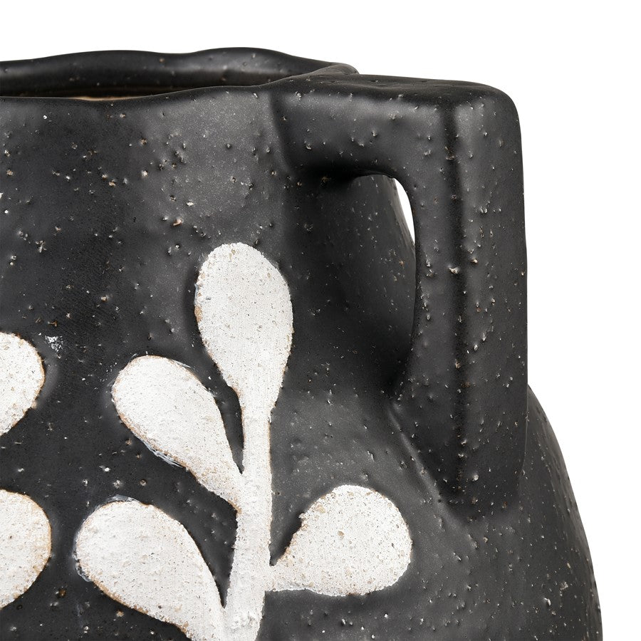 Atlas Lighting Maria Large Vase | Transitional Matte Black Earthenware with White Leaf Pattern | Living Room & Entryway Decor | Model AC11462-02