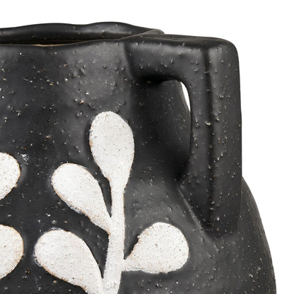 Atlas Lighting Maria Large Vase | Transitional Matte Black Earthenware with White Leaf Pattern | Living Room & Entryway Decor | Model AC11462-02