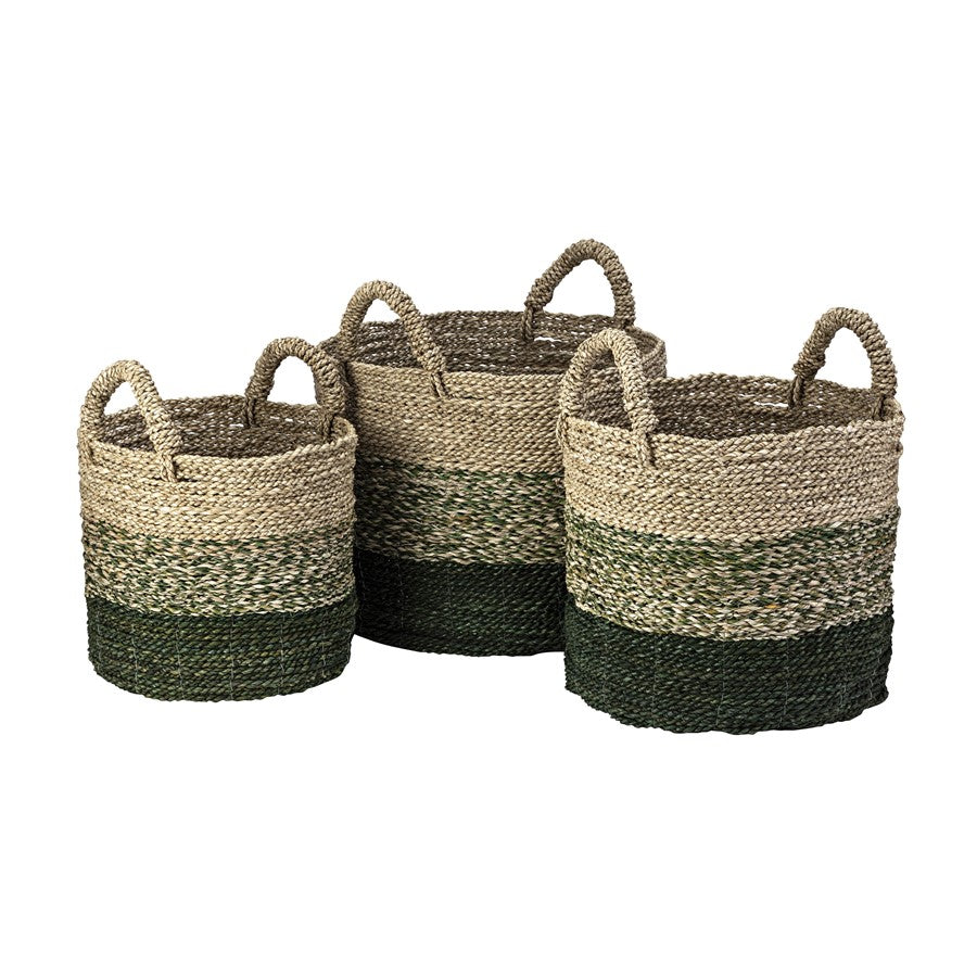 Atlas Lighting Maton Seagrass Basket Set of 3 | Natural Jute & Green Bands | Living Room & Entryway Storage | Model AC11466-01S