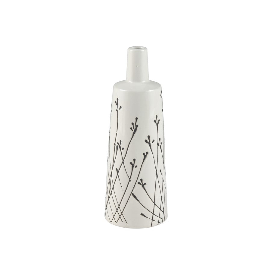 Atlas Lighting Melton Small Vase | Traditional White Earthenware with Black Stems | Tabletop & Shelf Decor | 4.5 x 4.5 x 12 in | Model AC11475-01