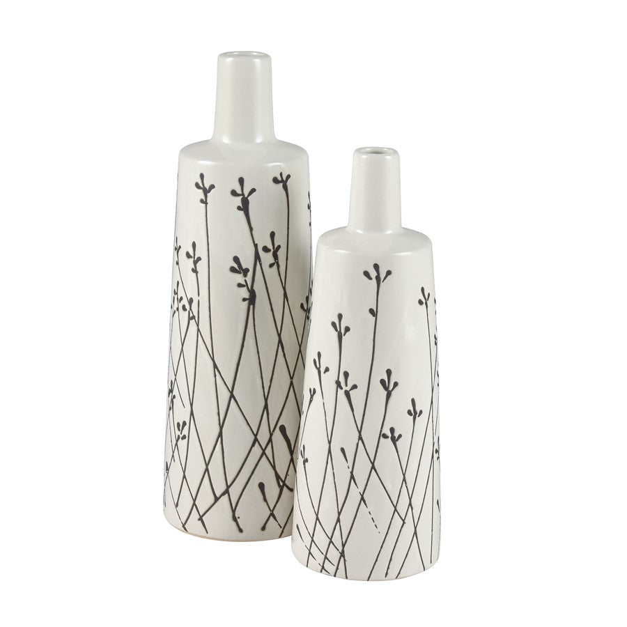 Atlas Lighting Melton Small Vase | Traditional White Earthenware with Black Stems | Tabletop & Shelf Decor | 4.5 x 4.5 x 12 in | Model AC11475-01